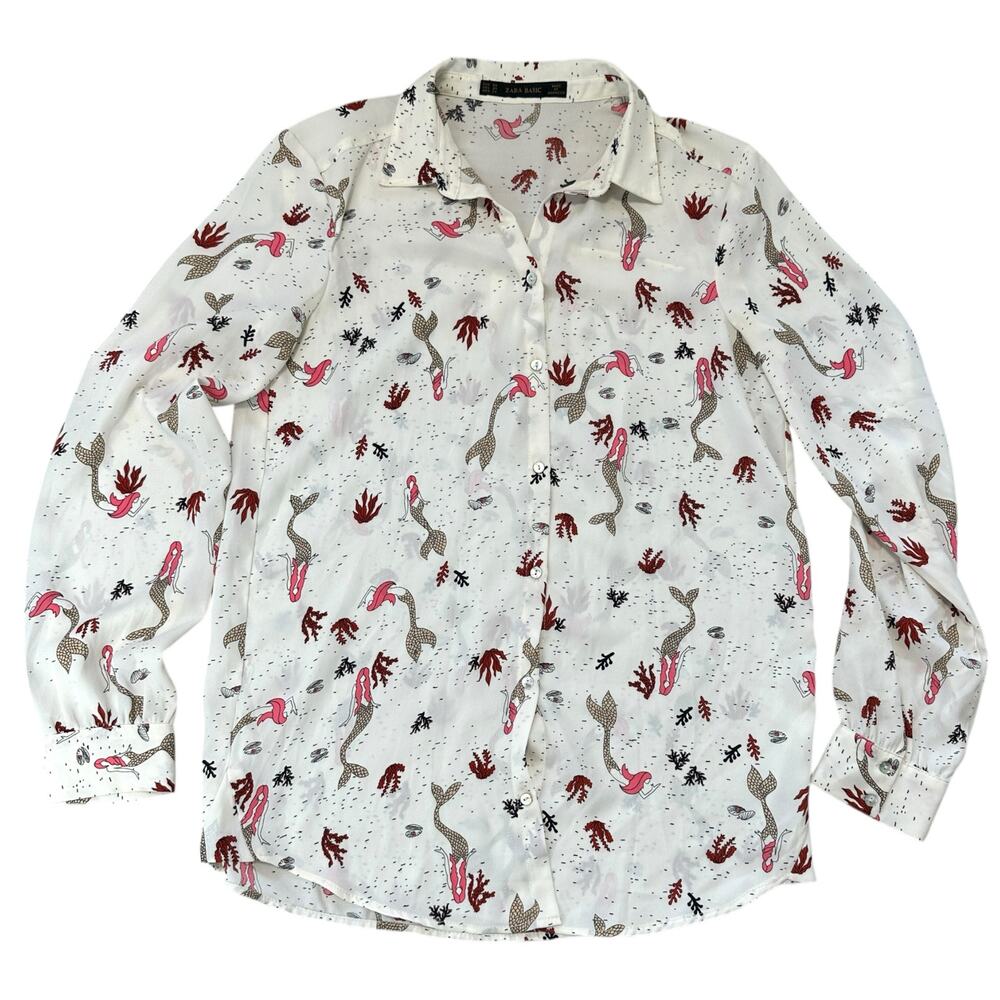 Zara Basics Mermaid Print Button Down Blouse Top … - image 1